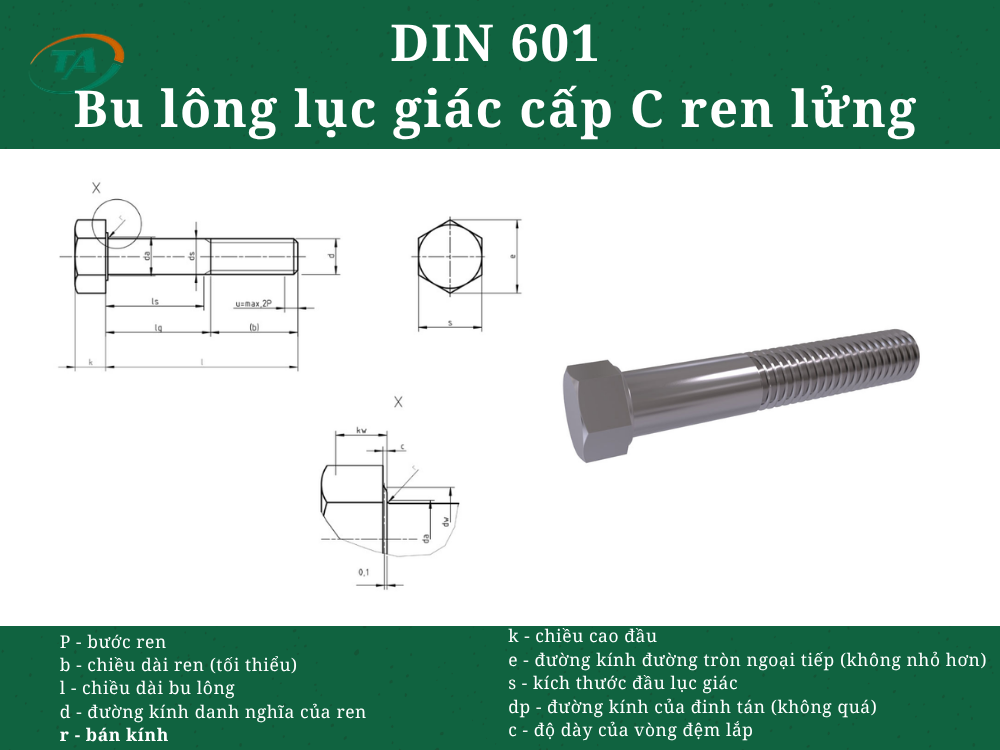 DIN 601 - Bu lông lục giác cấp C ren lửng