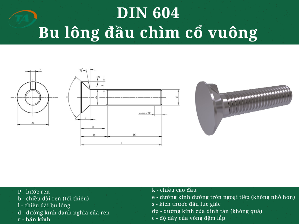 DIN 604 - Bu lông đầu chìm cổ vuông